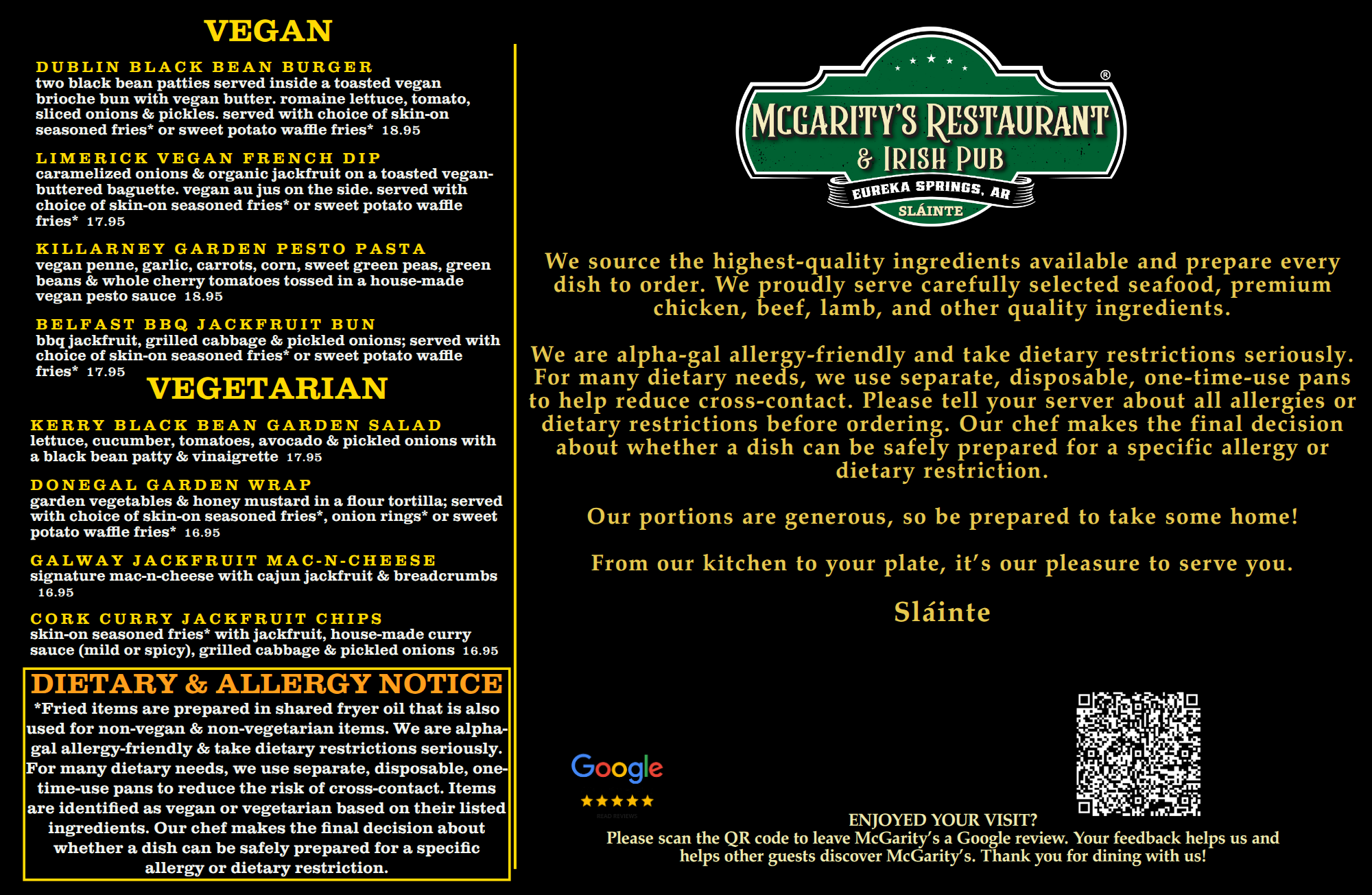 McGarity’s Vegan and Vegetarian Menu