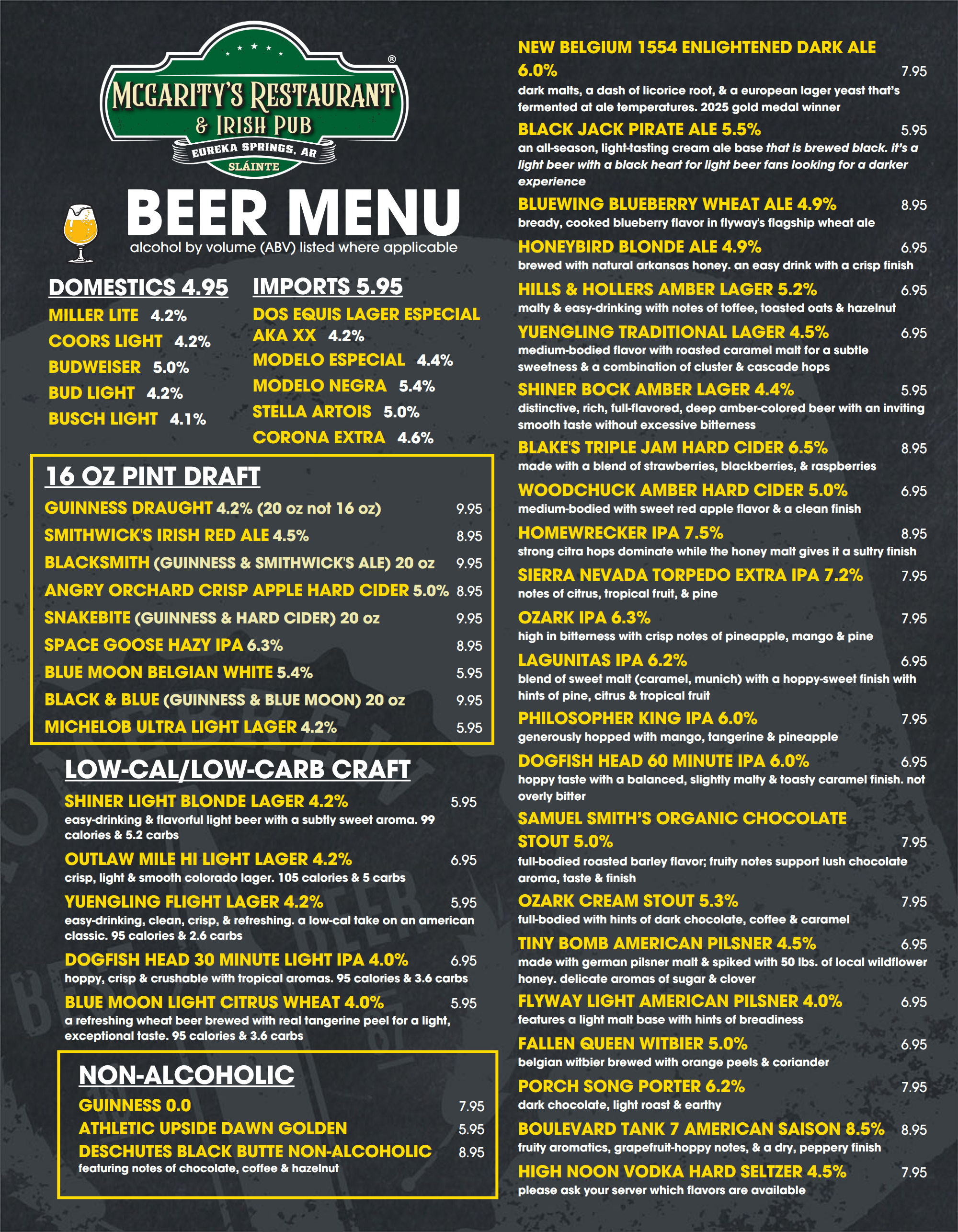 McGarity’s Beer Menu