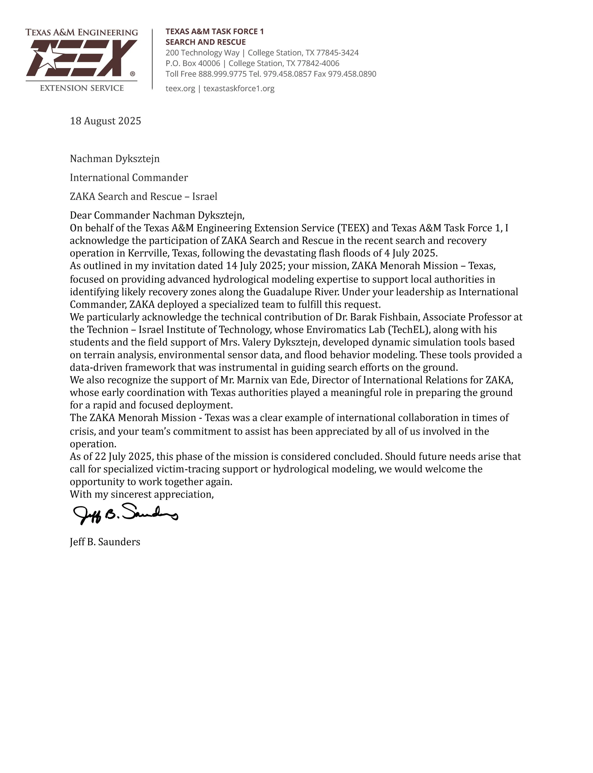 Texas A&M Task Force 1 recognition letter