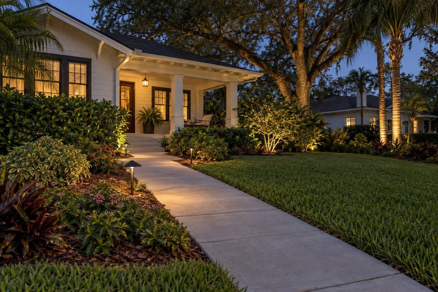 Illustration of a Tampa-style bungalow garden with warm landscape lighting and clear walkways.