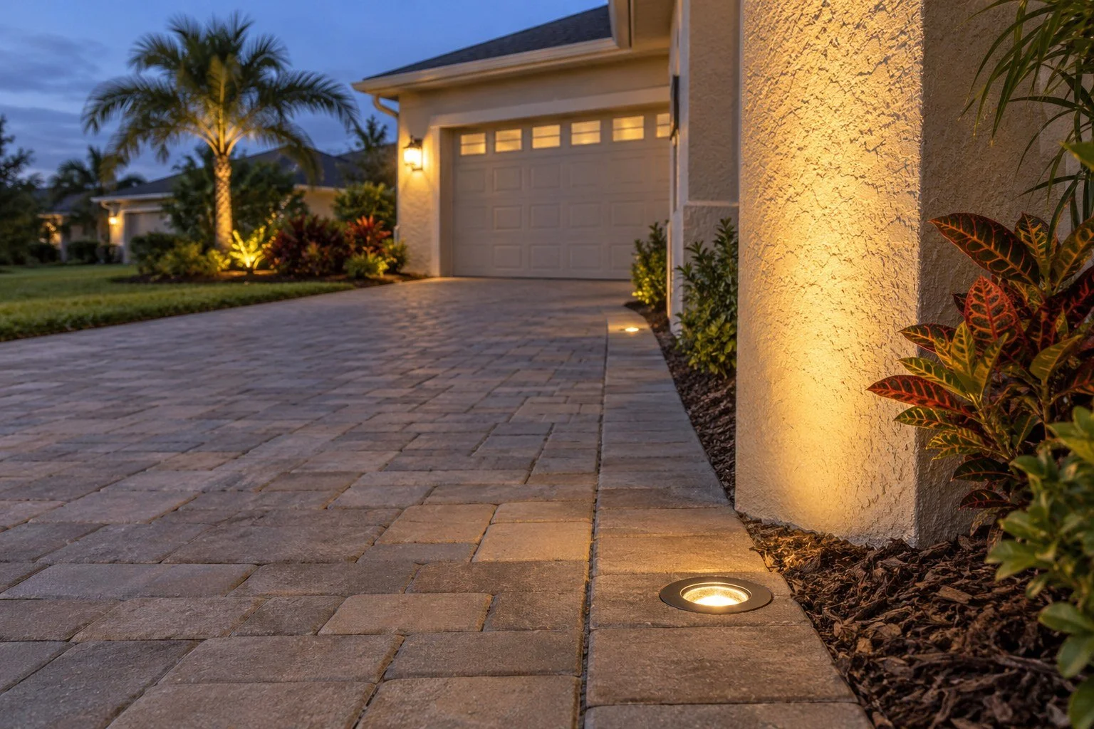 AI-generated concept: a flush bronze well light in the outer paver border of a Tampa Bay driveway, uplighting the house beside the garage