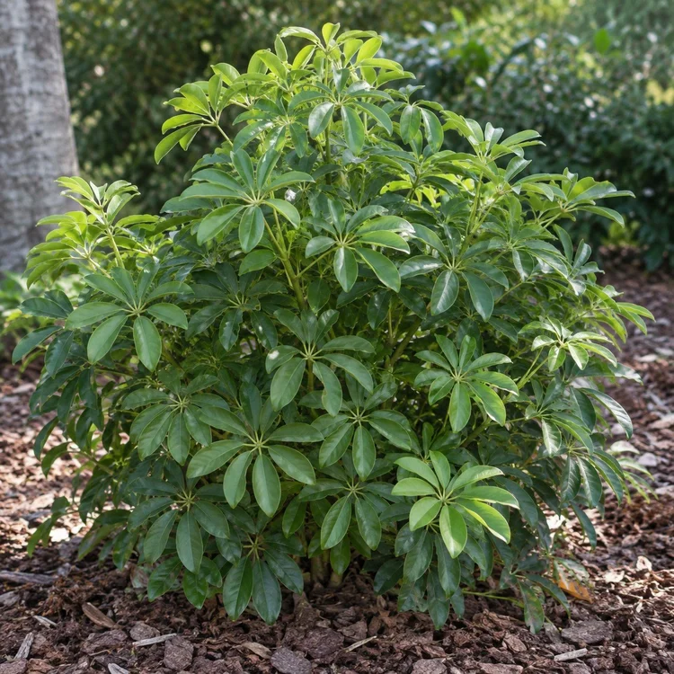 AI botanical illustration of Dwarf schefflera · green or variegated