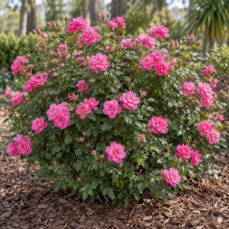 AI botanical illustration of Knockout Rose — double pink, rainbow