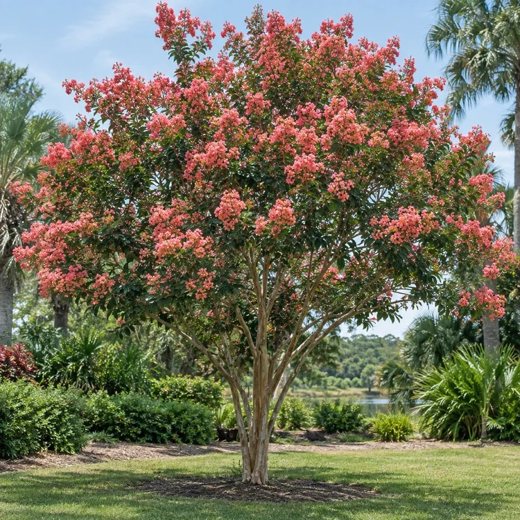 AI botanical illustration of Crape Myrtle — Tuscarora (coral)