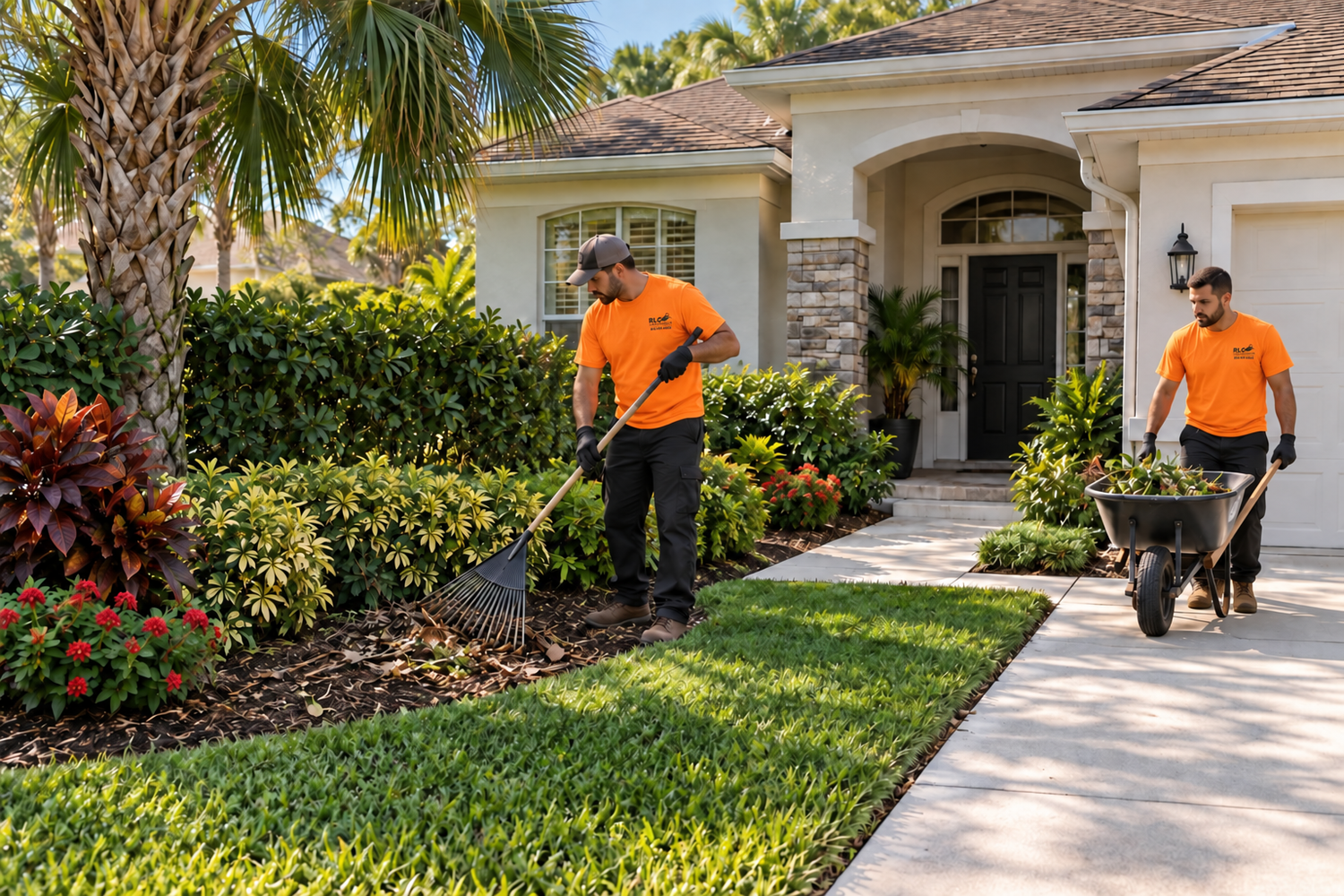 Illustration of a Florida property cleanup with workers clearing a foundation bed beside a St. Augustine lawn.