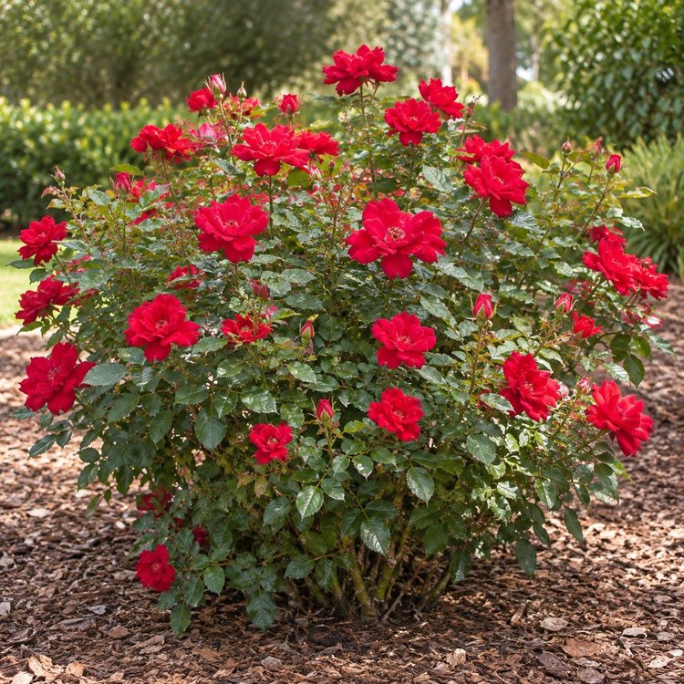 AI botanical illustration of Knockout Rose — red, pink, yellow