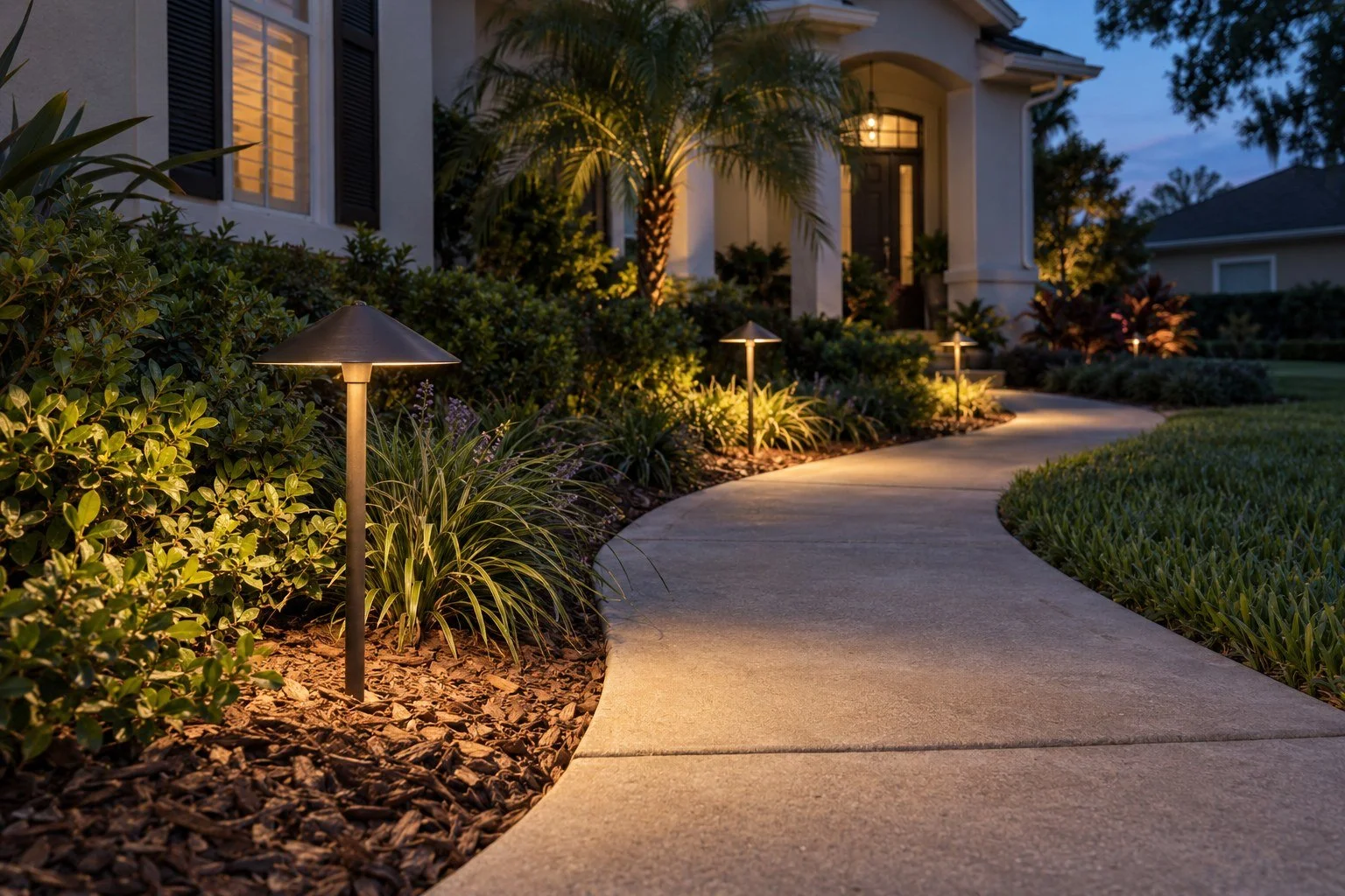 AI-generated Tampa Bay landscape lighting concept: Shielded path lights cast gentle pools across a walkway and adjacent planting bed.