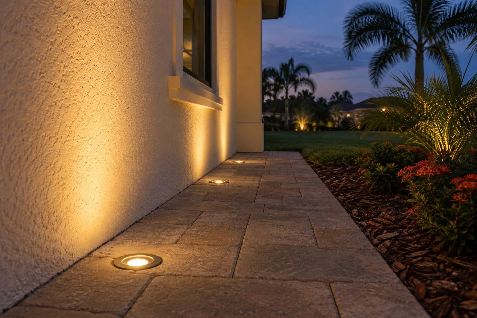 AI-generated concept: flush bronze well lights recessed into pavers beside a Florida home's stucco wall, casting warm light upward