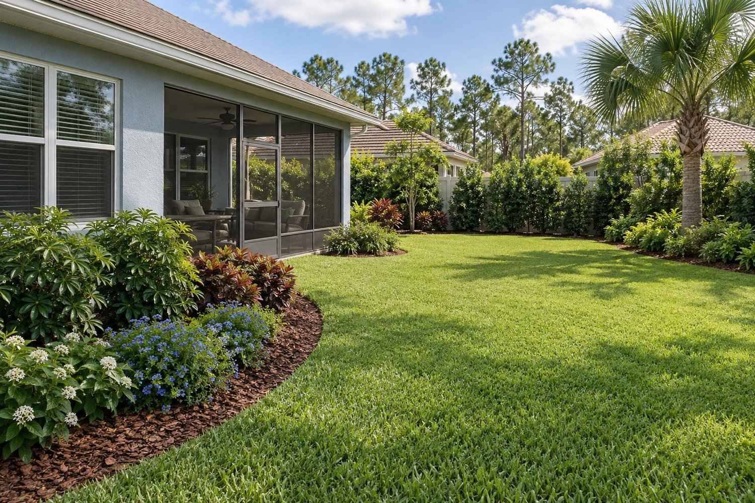 Illustration of a Land O’ Lakes-style backyard with a screened lanai, privacy planting and colorful mulched beds.