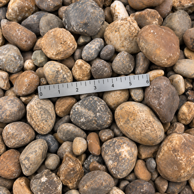 AI illustration of loose stone with natural size variation and a six-inch ruler for approximate scale