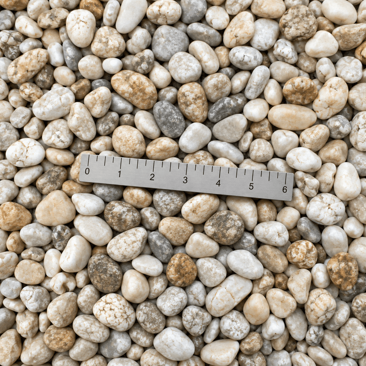 AI illustration of loose stone with natural size variation and a six-inch ruler for approximate scale