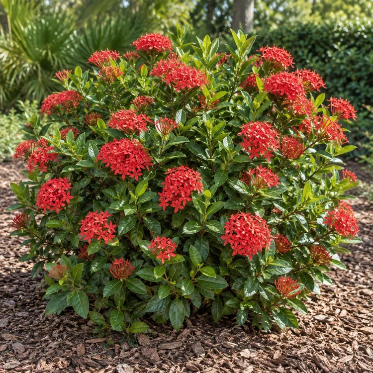 AI botanical illustration of Ixora — Regular/Maui (red, orange, yellow)