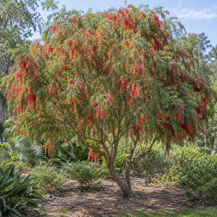AI botanical illustration of Bottlebrush (red weeping)