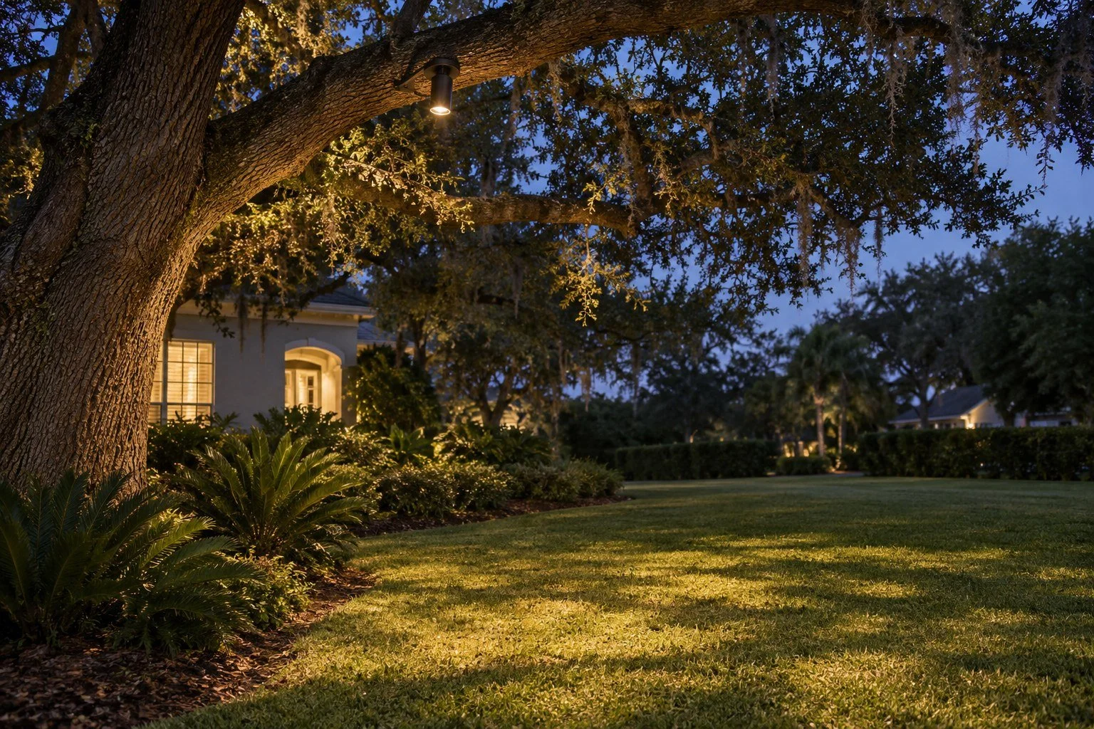 AI-generated Tampa Bay landscape lighting concept: A tree-mounted downlight creates a soft pool of light beneath a live oak.
