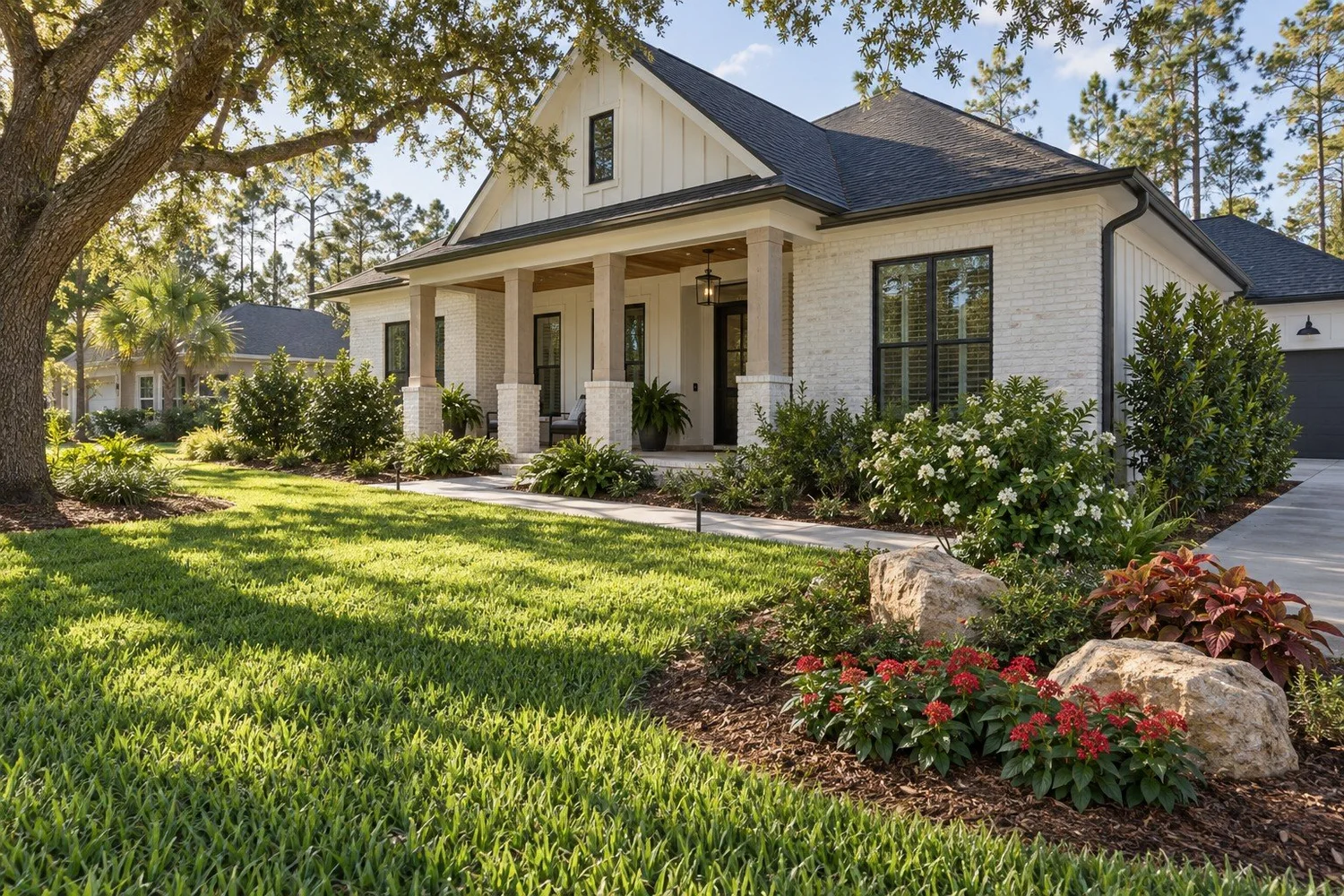 Illustration of an Odessa-style farmhouse landscape with shaded lawn, flowering beds and natural boulder accents.