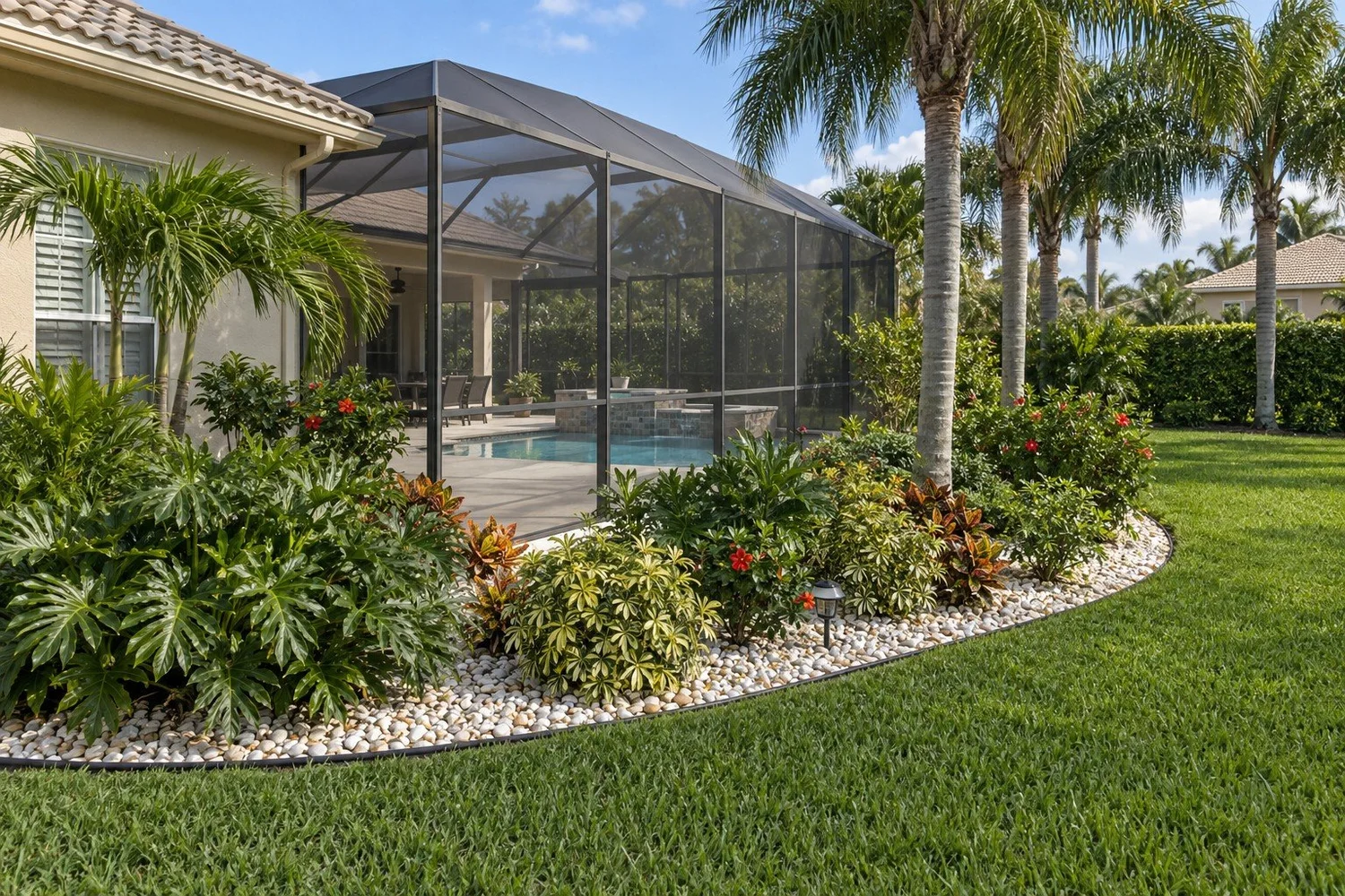 Illustration of a Florida pool garden with layered tropical plants, white river rock and defined lawn edging.