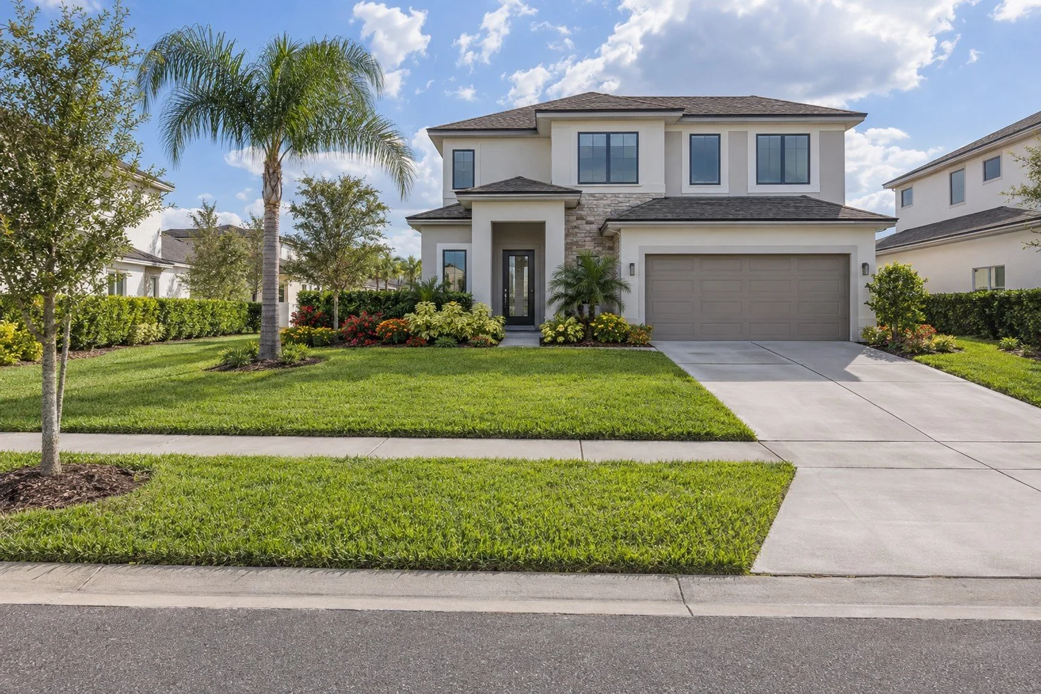 Illustration of a Wesley Chapel-style home with colorful foundation beds, palm and an unobstructed driveway.