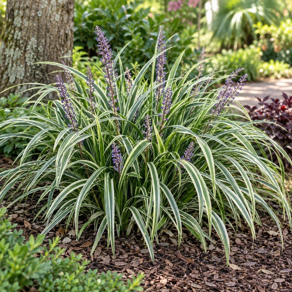 AI-generated showroom illustration of Variegated Liriope