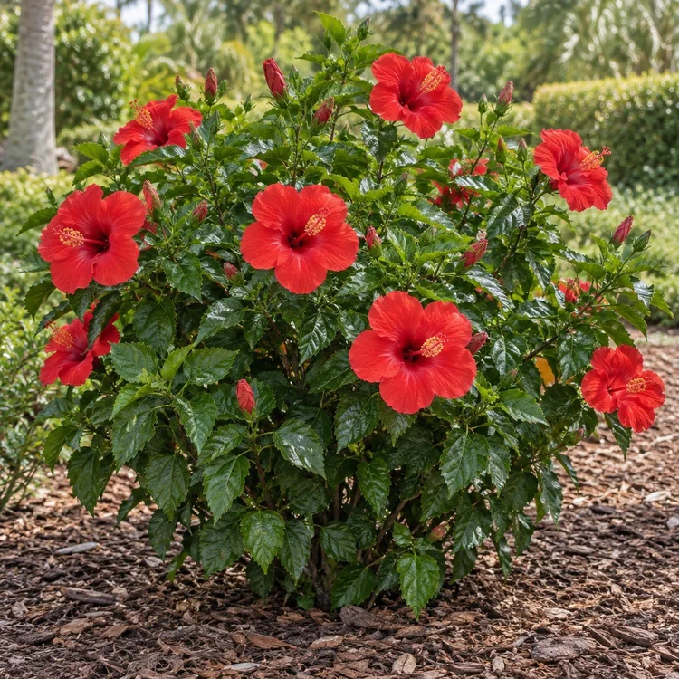 AI botanical illustration of Hibiscus — red, pink, yellow, orange