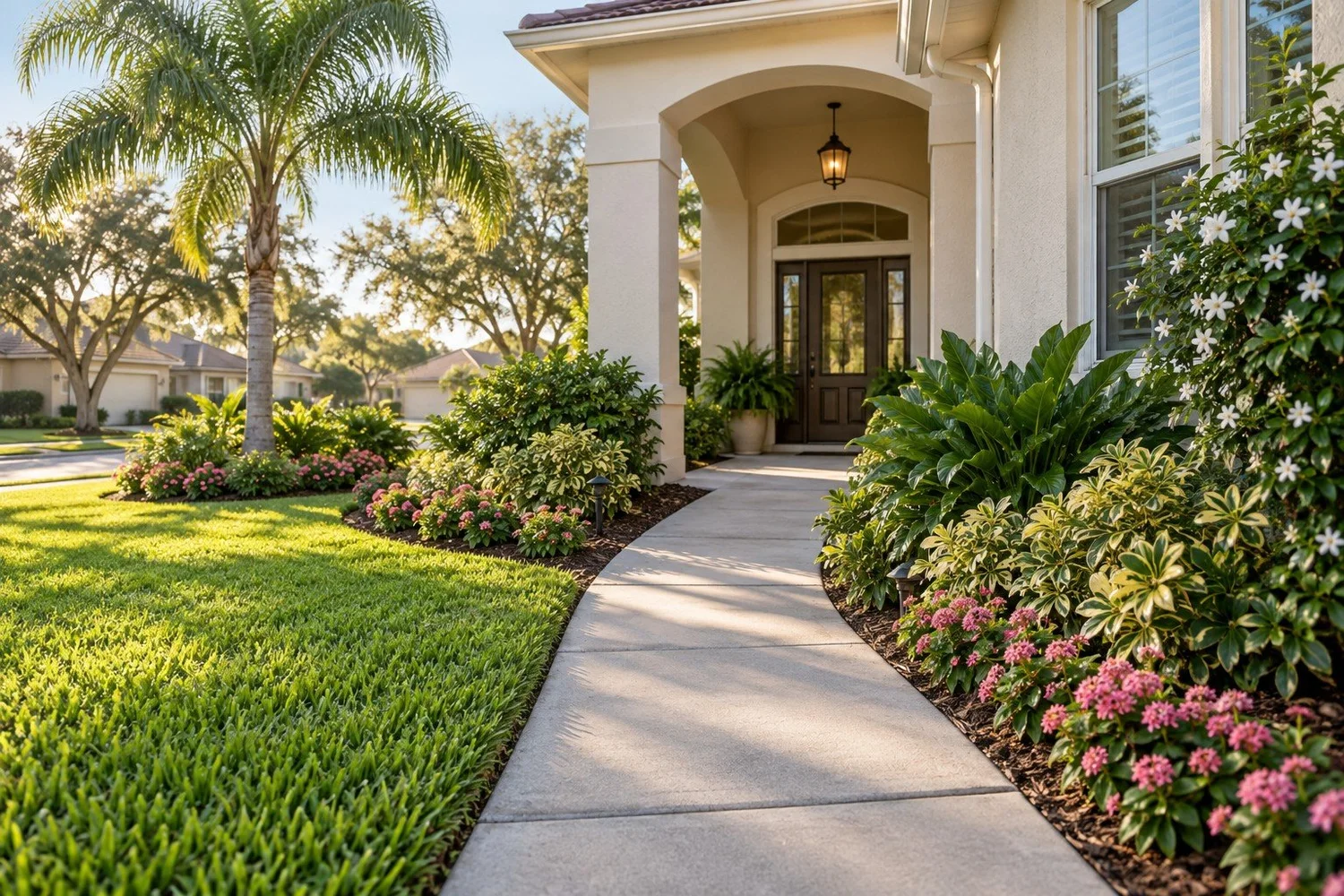Illustration of an inviting Florida home entrance with layered planting and a clear walkway.