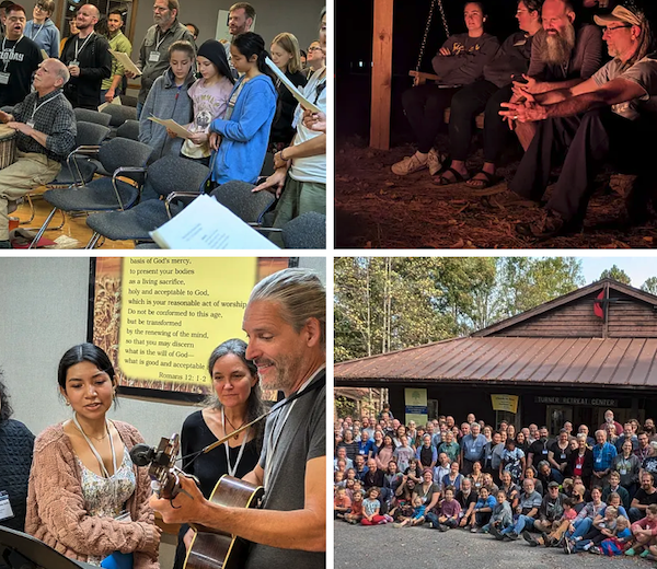 Scenes from an NCN gathering including worship, conversation, campfire, and group photo