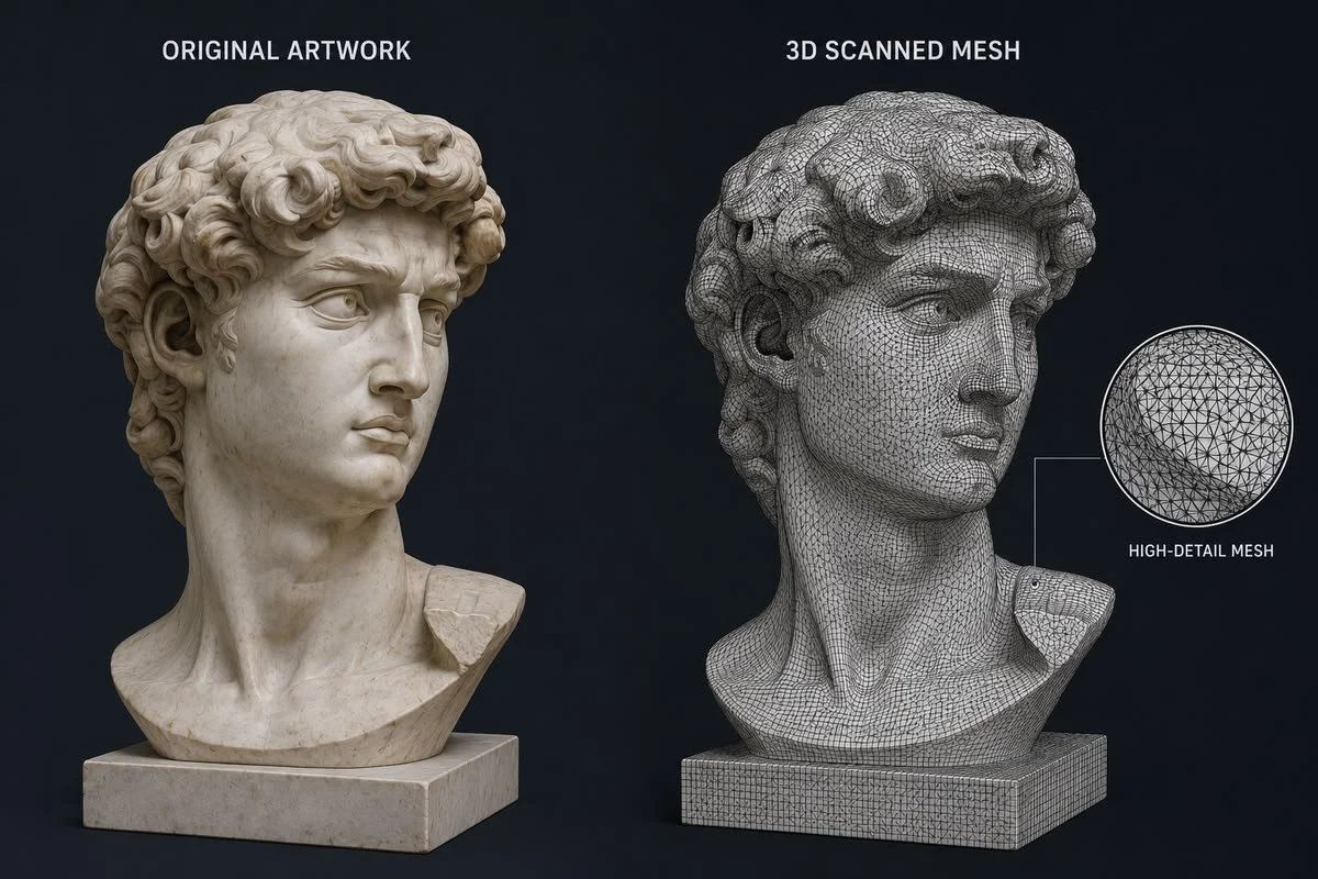 two male busts on the left it's an image of the original artwork and on the right its a 3d scanned mesh of the original model