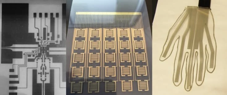Three images side by side demonstrating embedded sensors on 3D printed structures