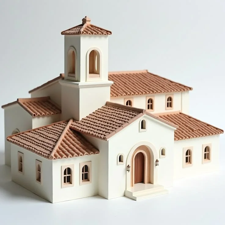 3D printed architectural model of a mission-style building