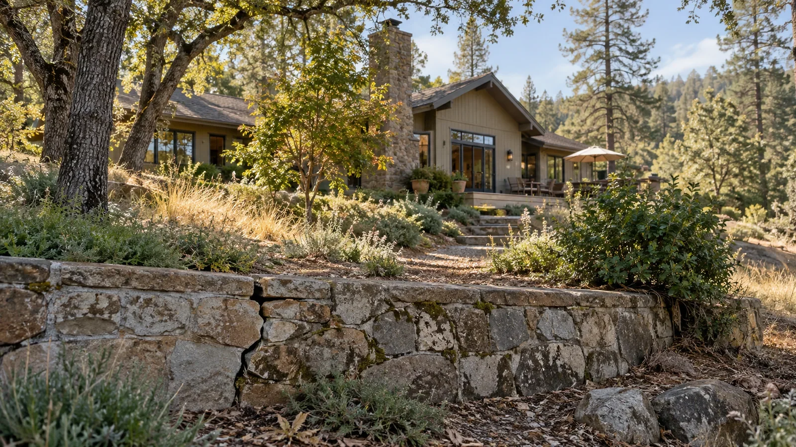 Illustrative Sierra foothill home with a cracked retaining wall, representing a property-condition valuation question.