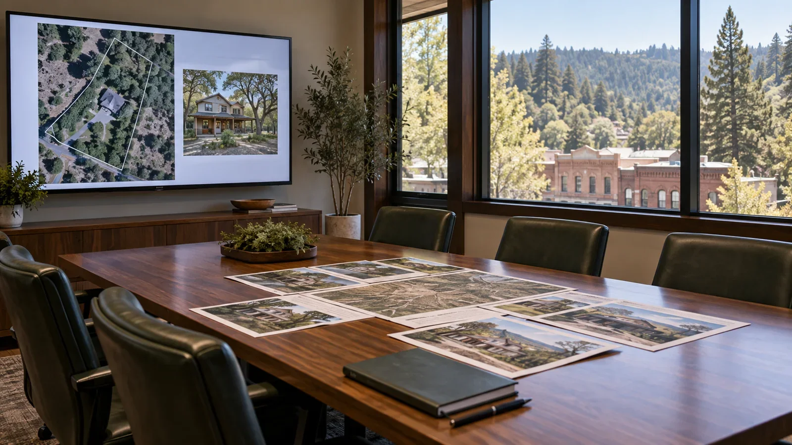 Illustrative Northern California meeting room with property exhibits prepared for an expert witness presentation.