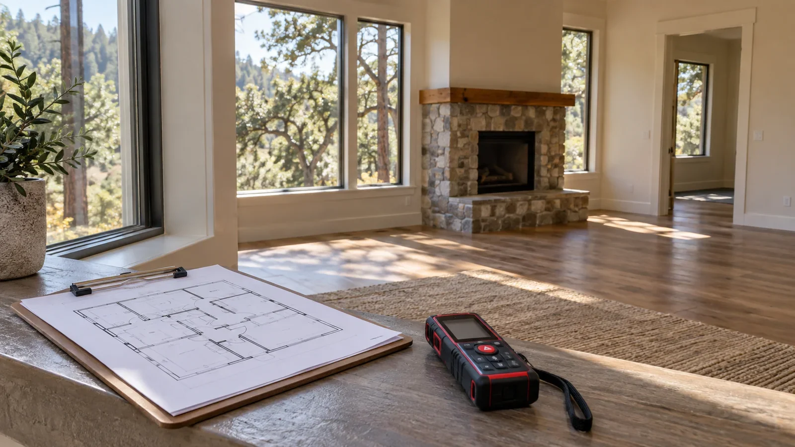 Illustrative home-measurement tools and a floor-plan sketch in a bright Northern California house.