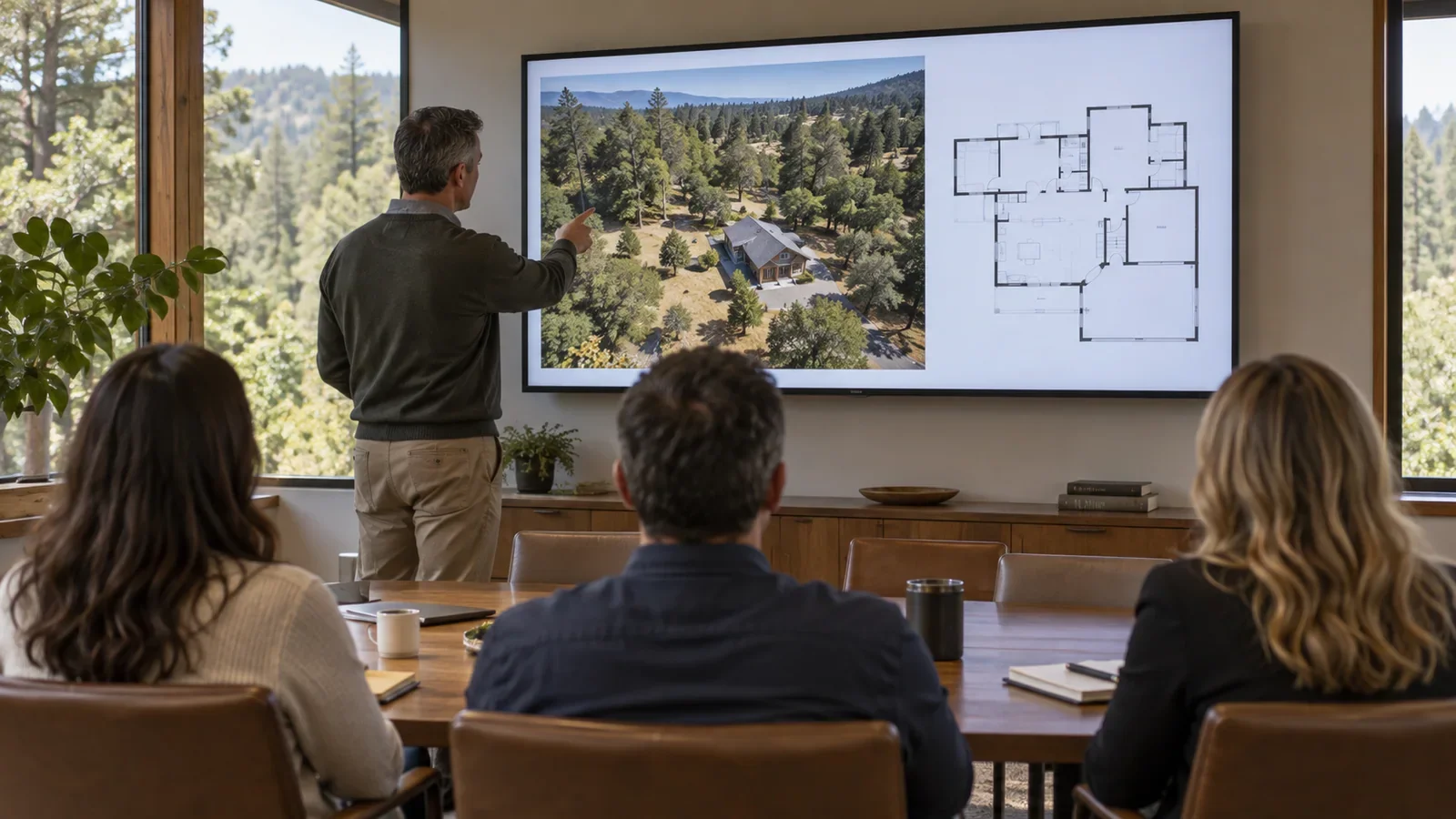 Illustrative professional valuation presentation in a Northern California meeting room, with property imagery on a screen.