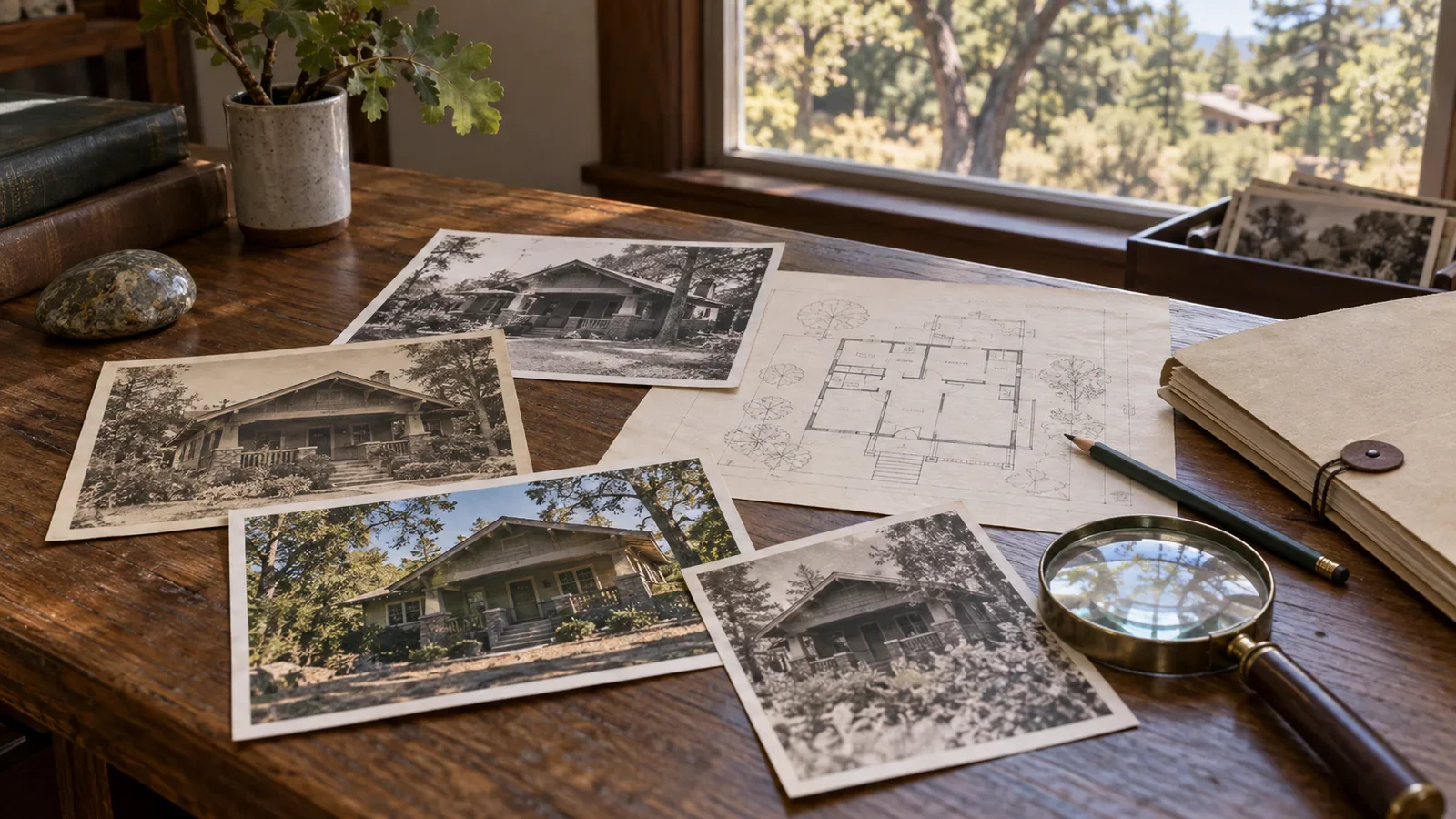 Illustrative historical house photographs, property sketches, and archived records on a desk overlooking California foothill trees.
