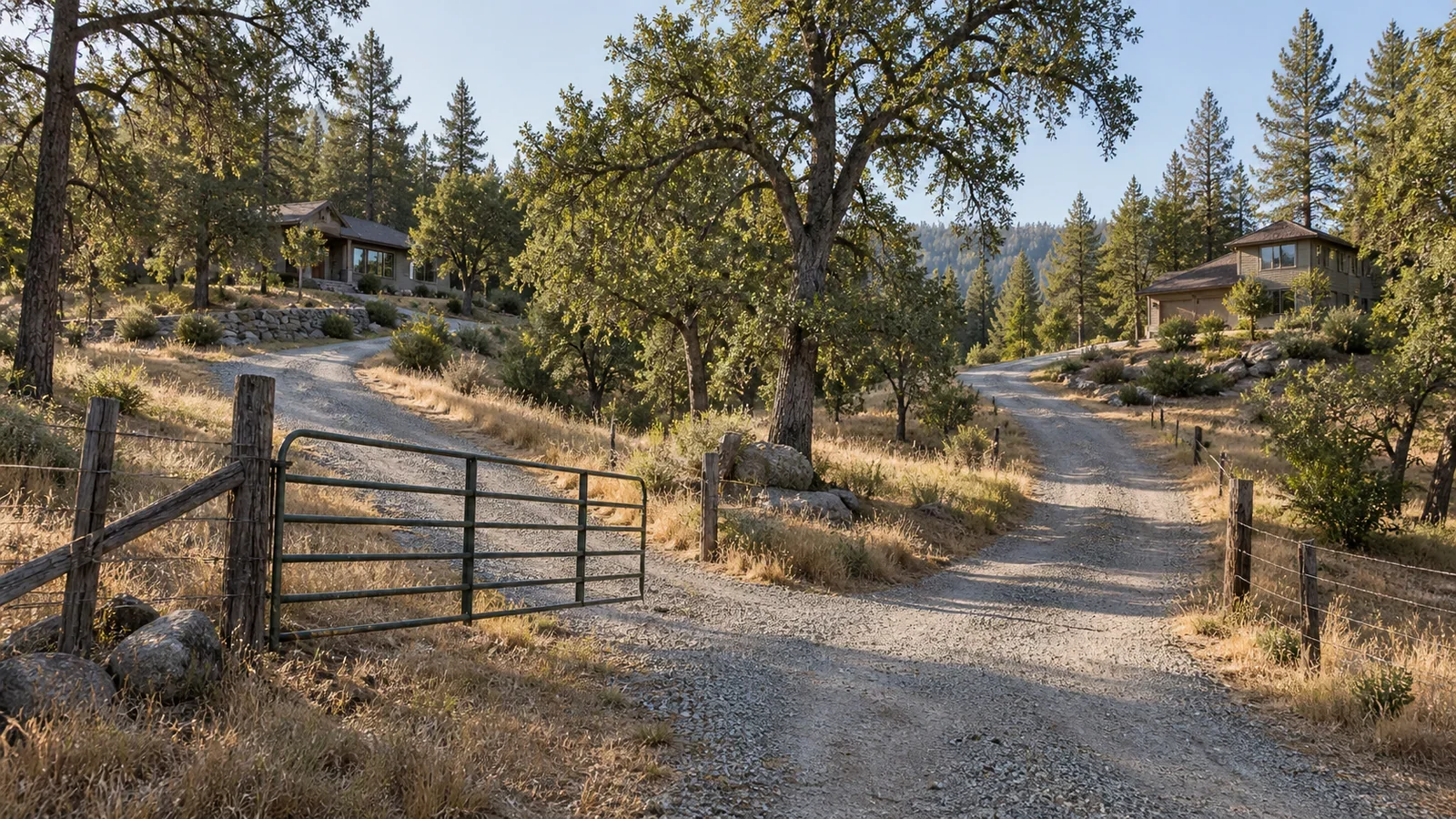 Illustrative fork in a rural foothill access road with a gate, fencing, and neighboring homes.
