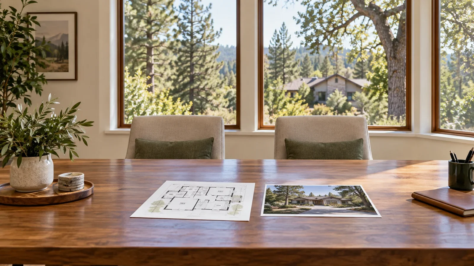 Illustrative California foothill meeting room with property plans and two chairs for a neutral divorce appraisal discussion.