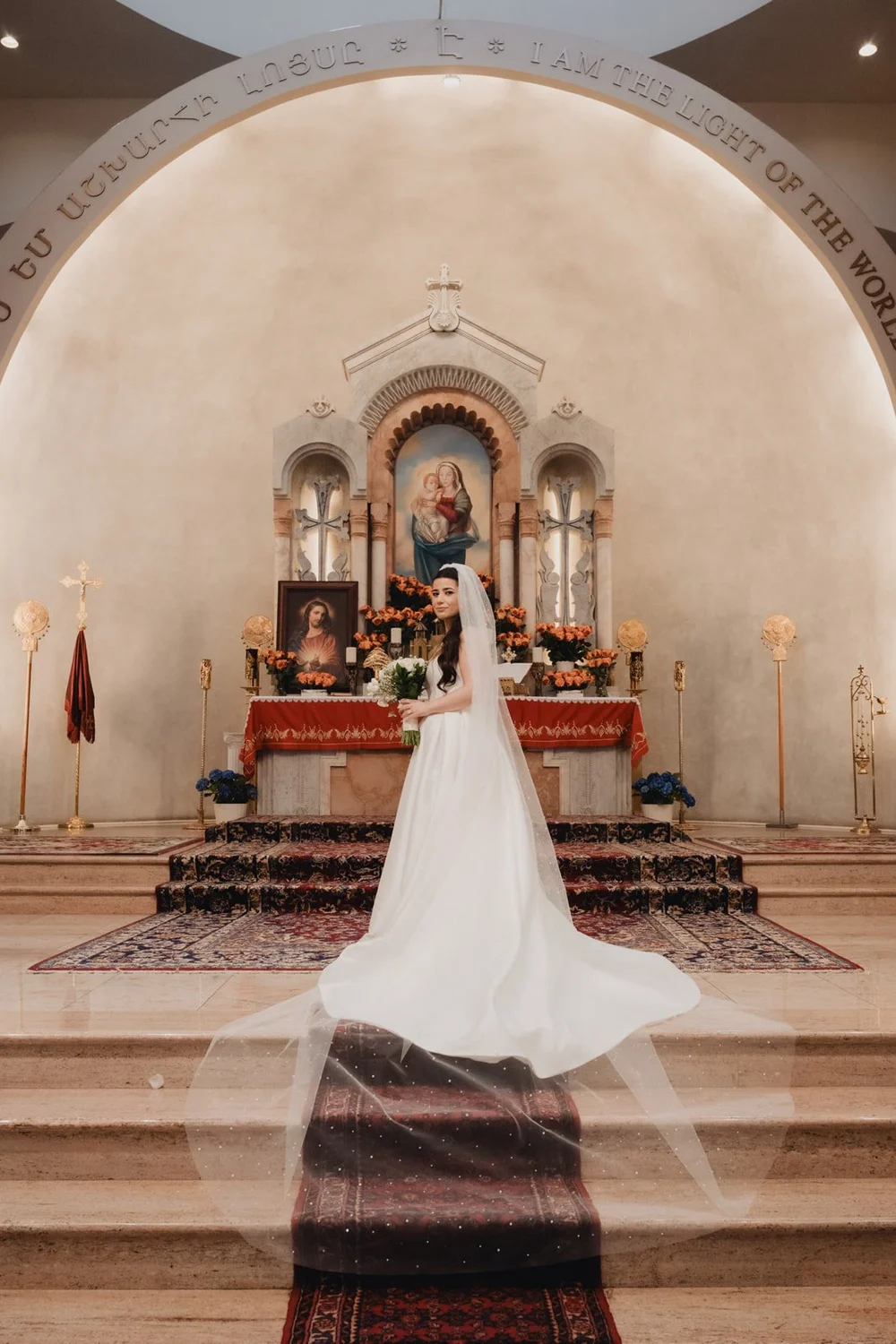 Bride at the foot of the altar steps at St. Gregory Armenian Catholic Church