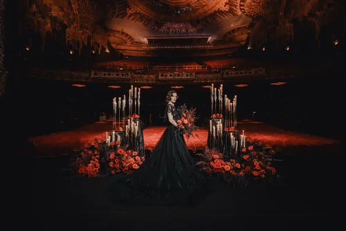 Black art deco gown, cathedral train — gown 20.1 at a Los Angeles wedding