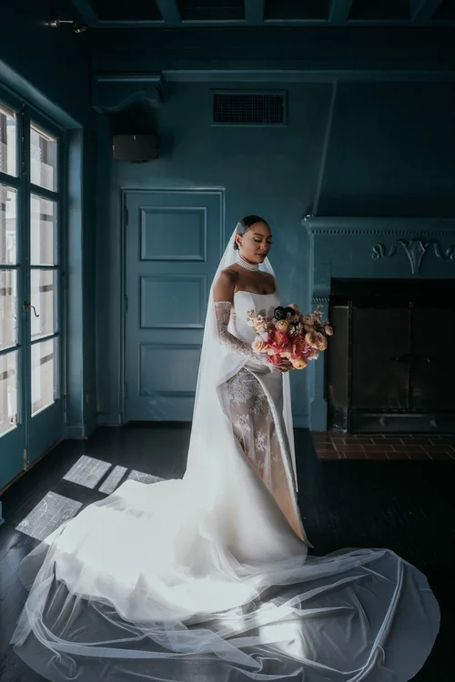 Sheath with a detachable chapel train — gown 1.0 at a Los Angeles wedding