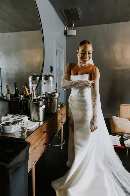 Sheath with a detachable chapel train — gown 1.3 at a Los Angeles wedding