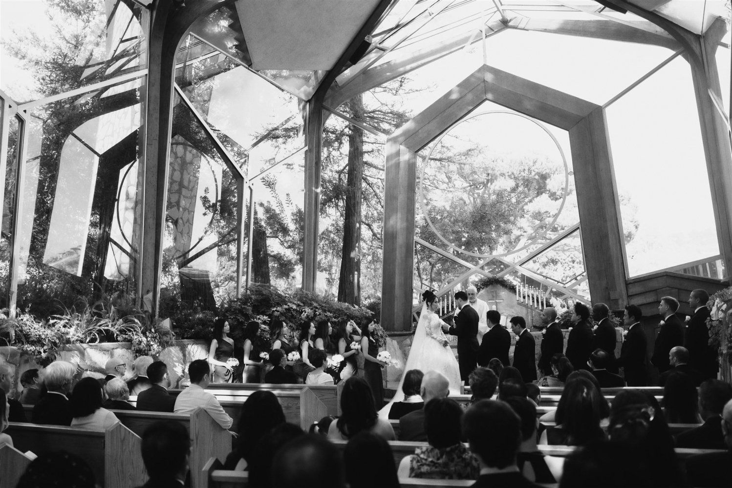 The glass-walled Wayfarers Chapel in Rancho Palos Verdes, designed by Lloyd Wright