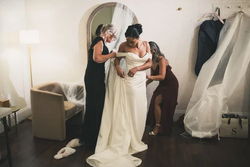 Off-the-shoulder crepe sheath — gown 3.2 at a Los Angeles wedding