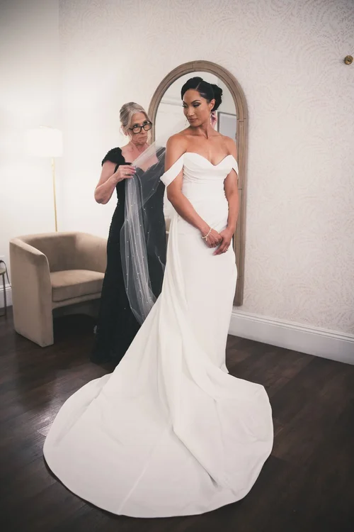 Off-the-shoulder crepe sheath — gown 3.0 at a Los Angeles wedding