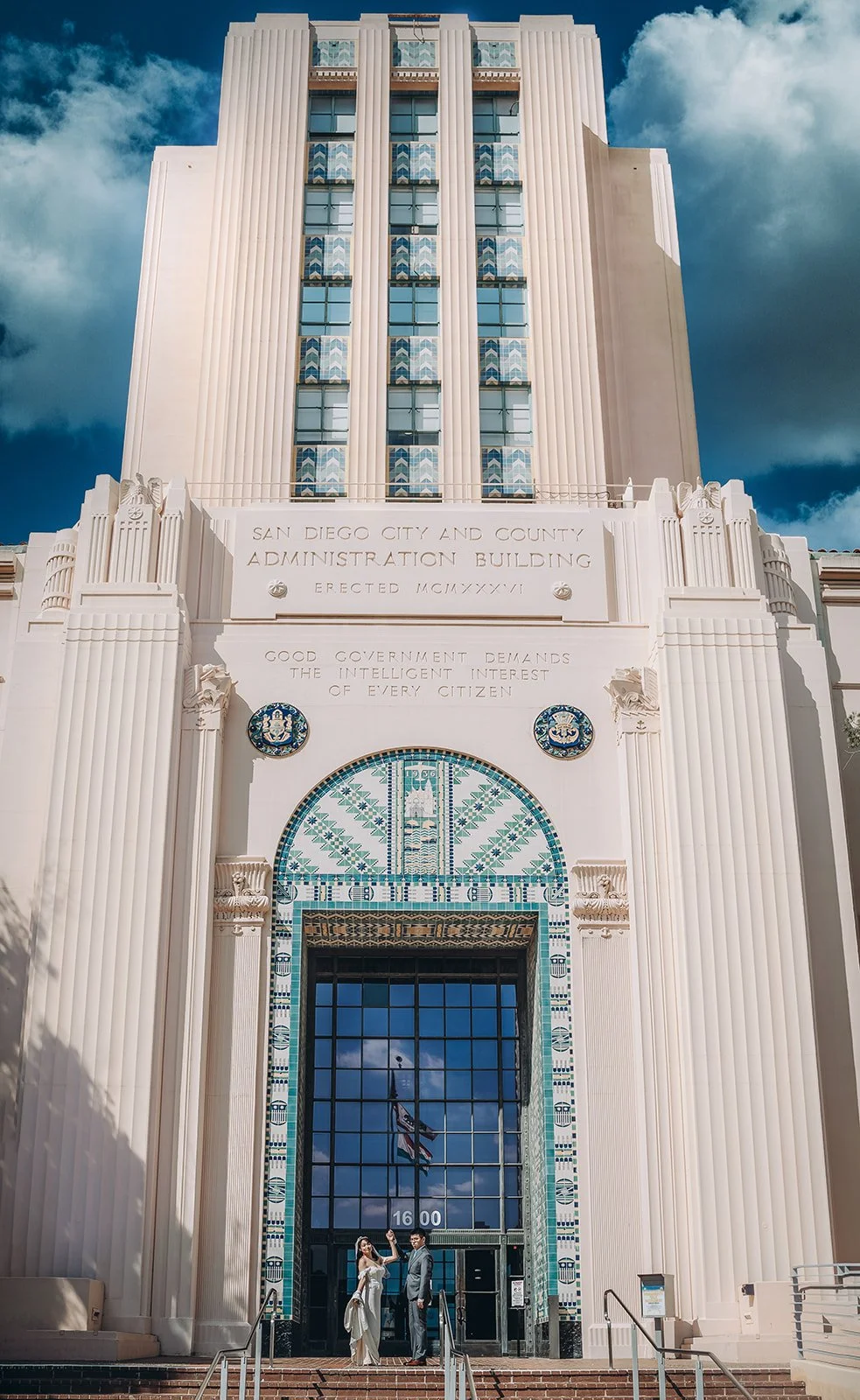 The tiled entrance of the San Diego County Administration Center where civil ceremonies are performed