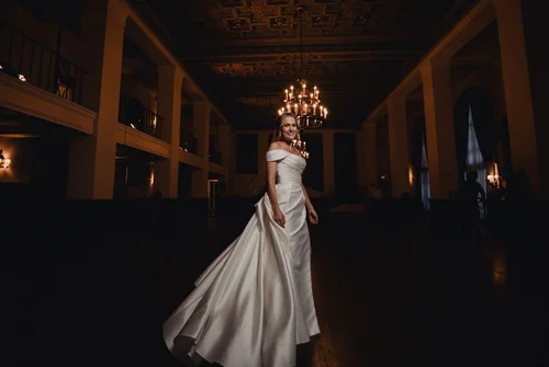 Layered silk sheath with a high slit — gown 29.2 at a Los Angeles wedding