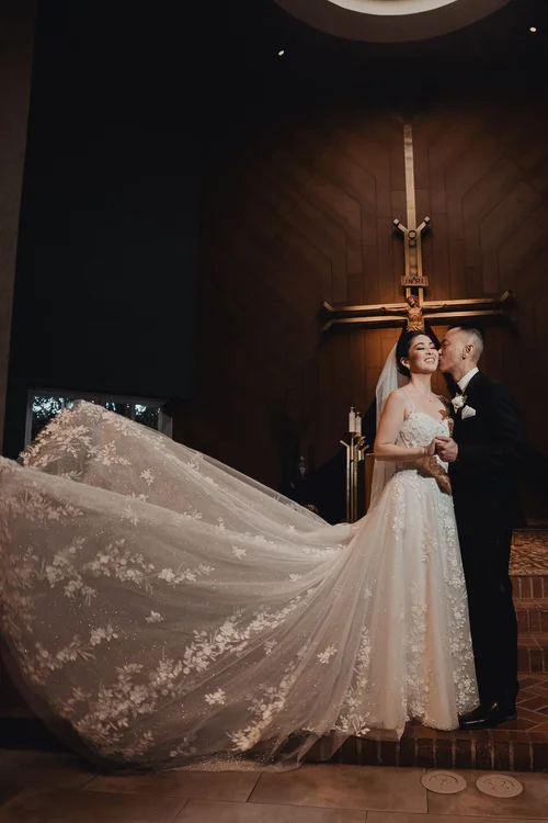 Three-dimensional floral cathedral veil — gown 21.0 at a Los Angeles wedding