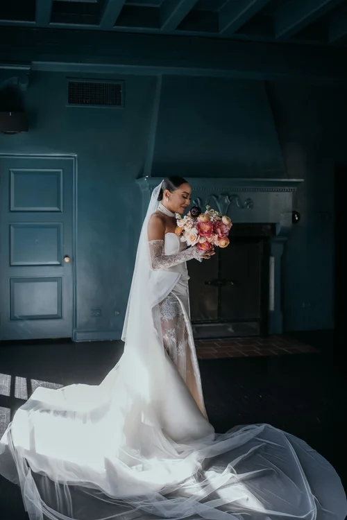 Sheath with a detachable chapel train — gown 1.1 at a Los Angeles wedding
