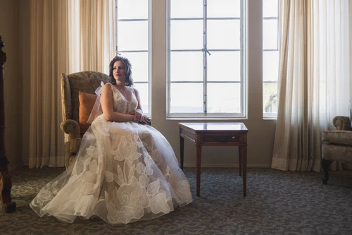 Ball gown with chiffon sleeves — gown 2.0 at a Los Angeles wedding