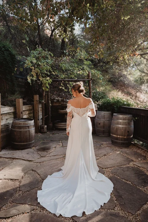 Off-the-shoulder silk sheath — gown 15.1 at a Los Angeles wedding