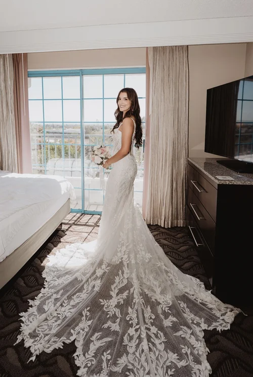 Lace mermaid, 3D floral train — gown 31.0 at a Los Angeles wedding