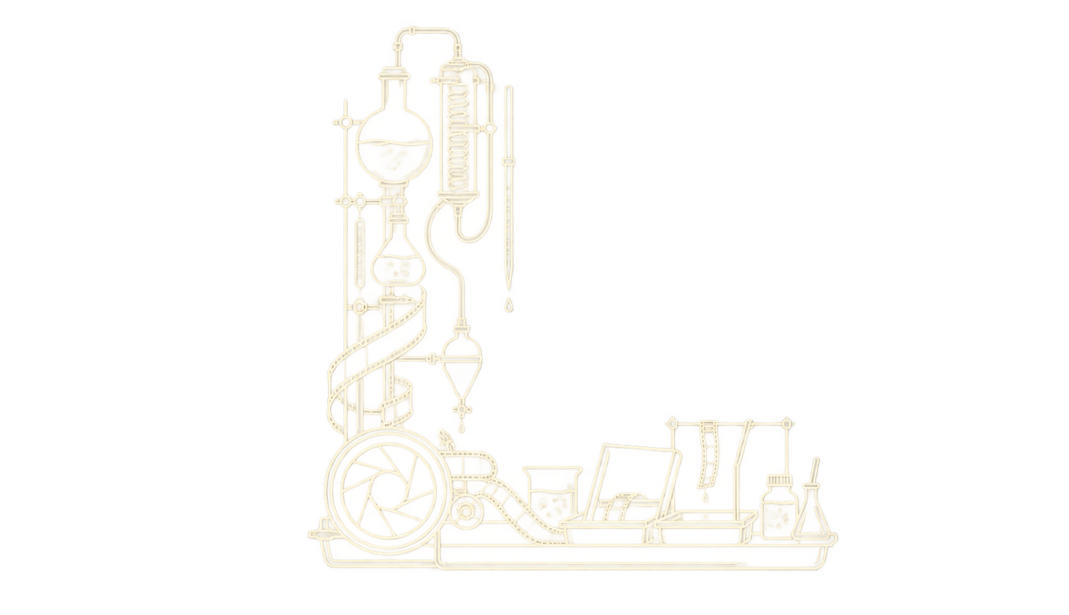 The Lab 2026 monogram: the letter L drawn from laboratory glassware, a film camera, a strip of negatives and a scanner